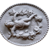 Plaster medallion cherub and garland of flowers patinated gray