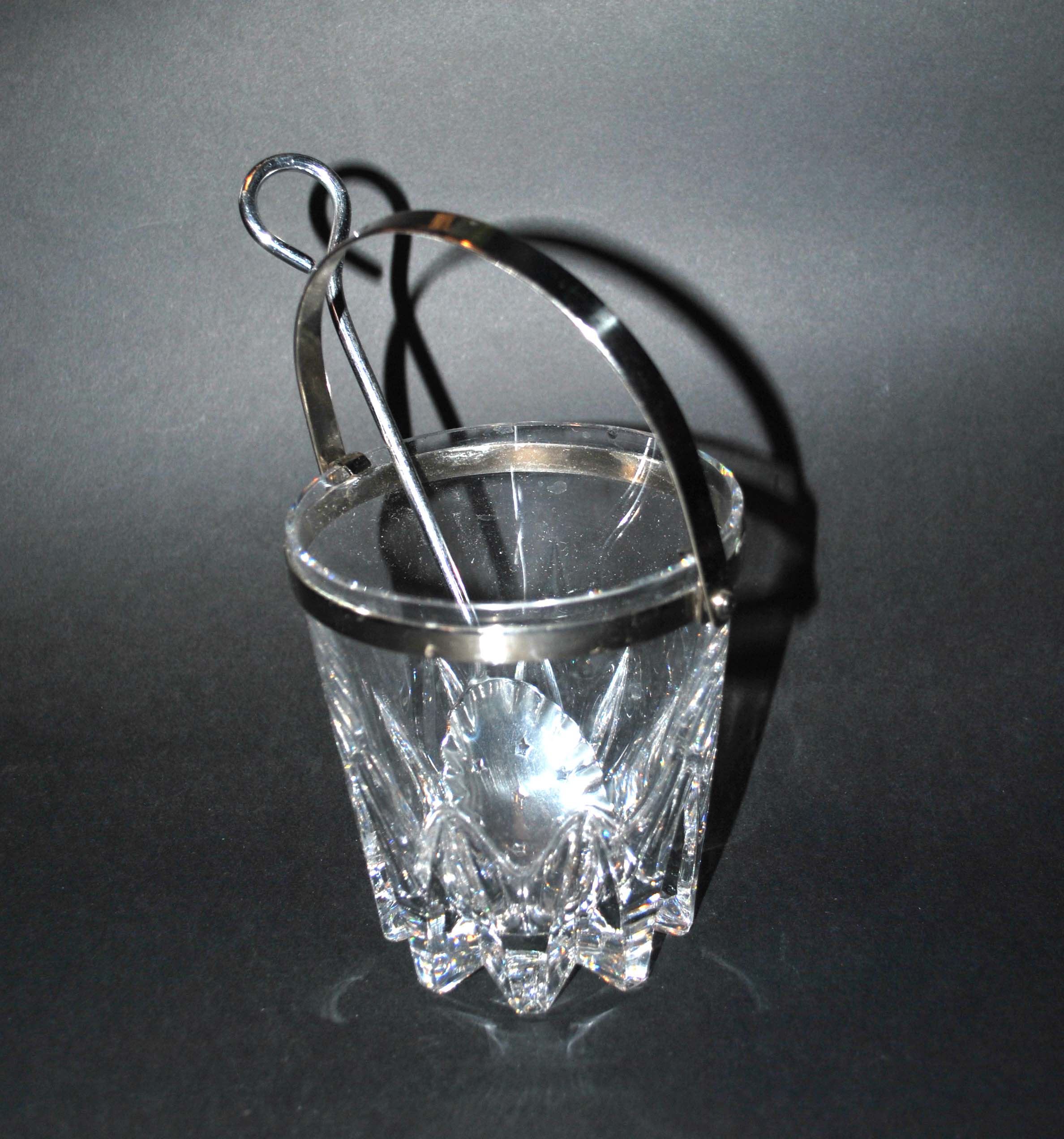Vintage molded glass ice bucket and chrome ice cube spoon