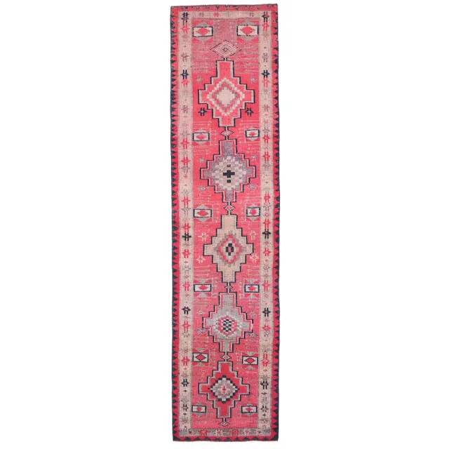 Vintage Turkish Oushak Handmade Wool Cotton Pink Runner Rug 81x337