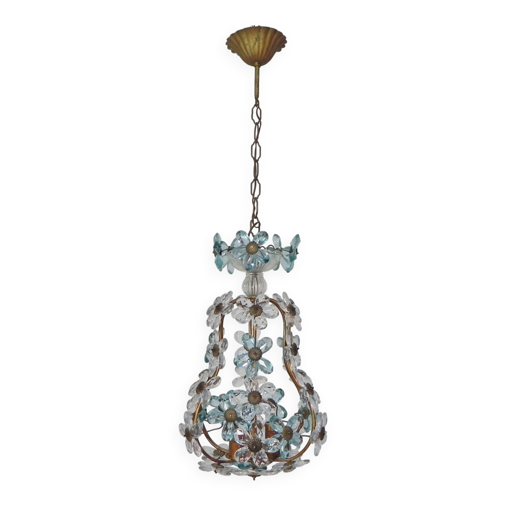 Suspension decorated with 42 blue and clear crystal flowers, Maison Baguès style, 1930s.