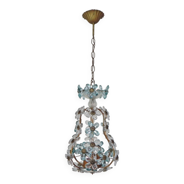 Suspension décorée de 42 fleurs en cristal bleu et transparent, style Maison Baguès, années 1930