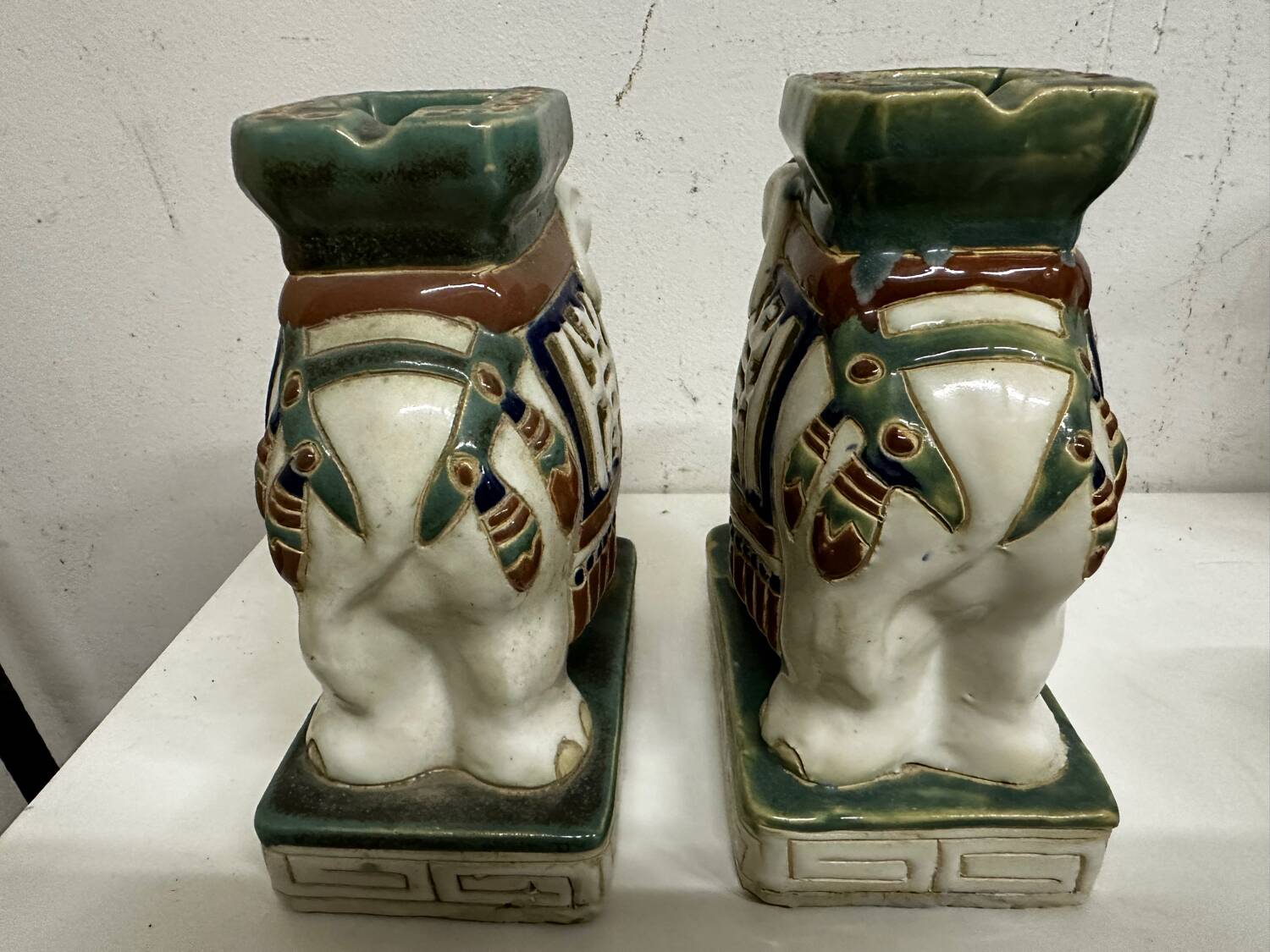 Pair of ceramic elephant plant stands polychrome sculpture - India