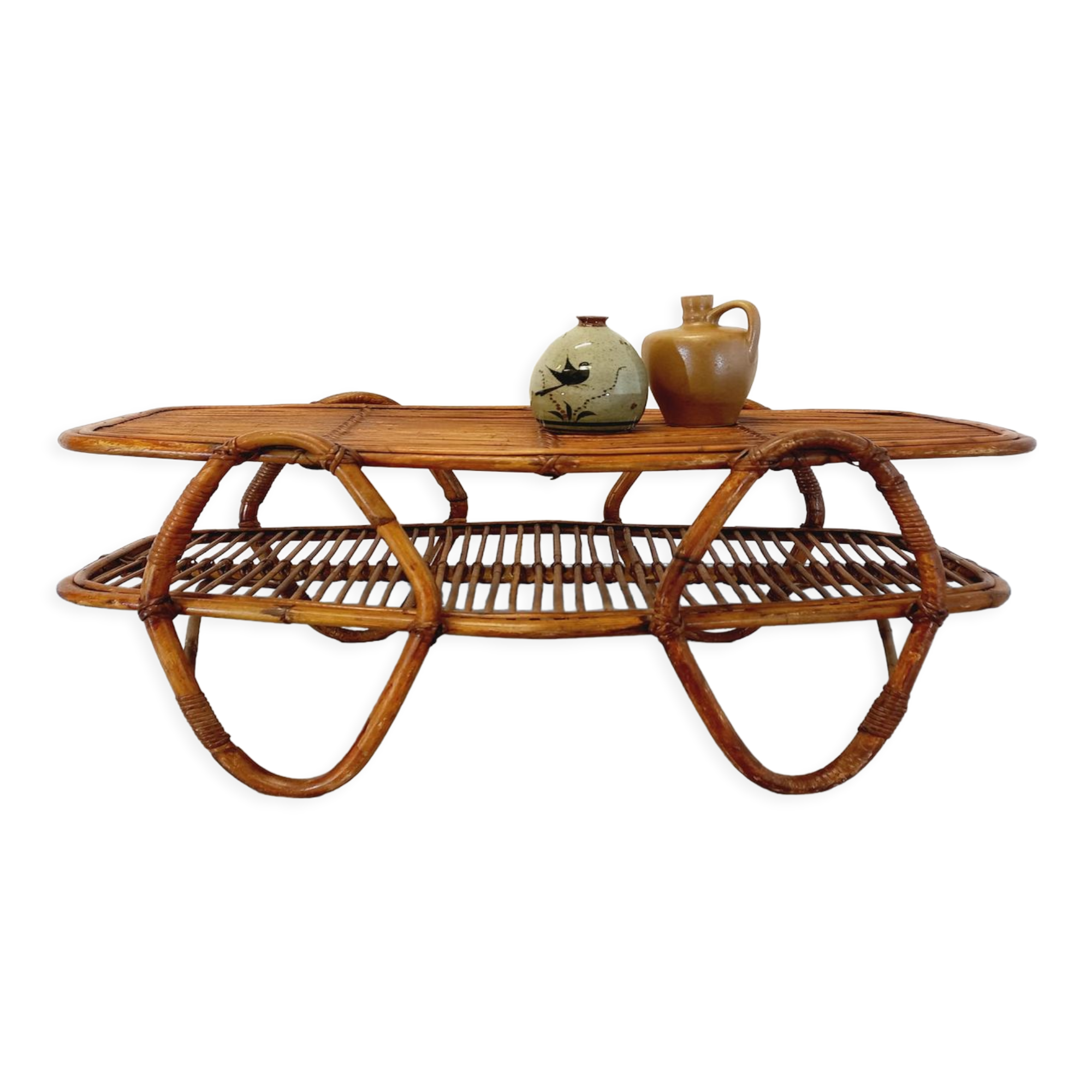 Coffee table with magazine tray in vintage rattan from the 60s