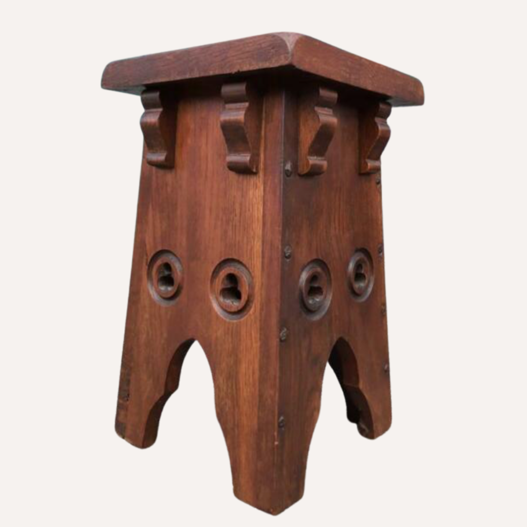 Brutalist set of 2 neo gothic oak stools ( pair ), midcentury , Spain