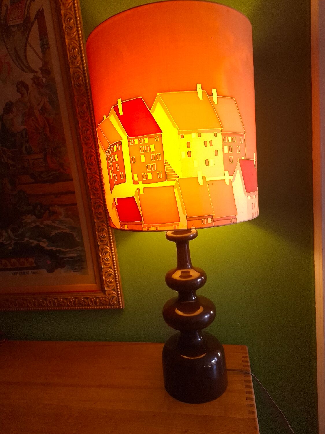 Vintage 70s lamp with a silk shade.