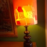 Vintage 70s lamp with a silk shade.