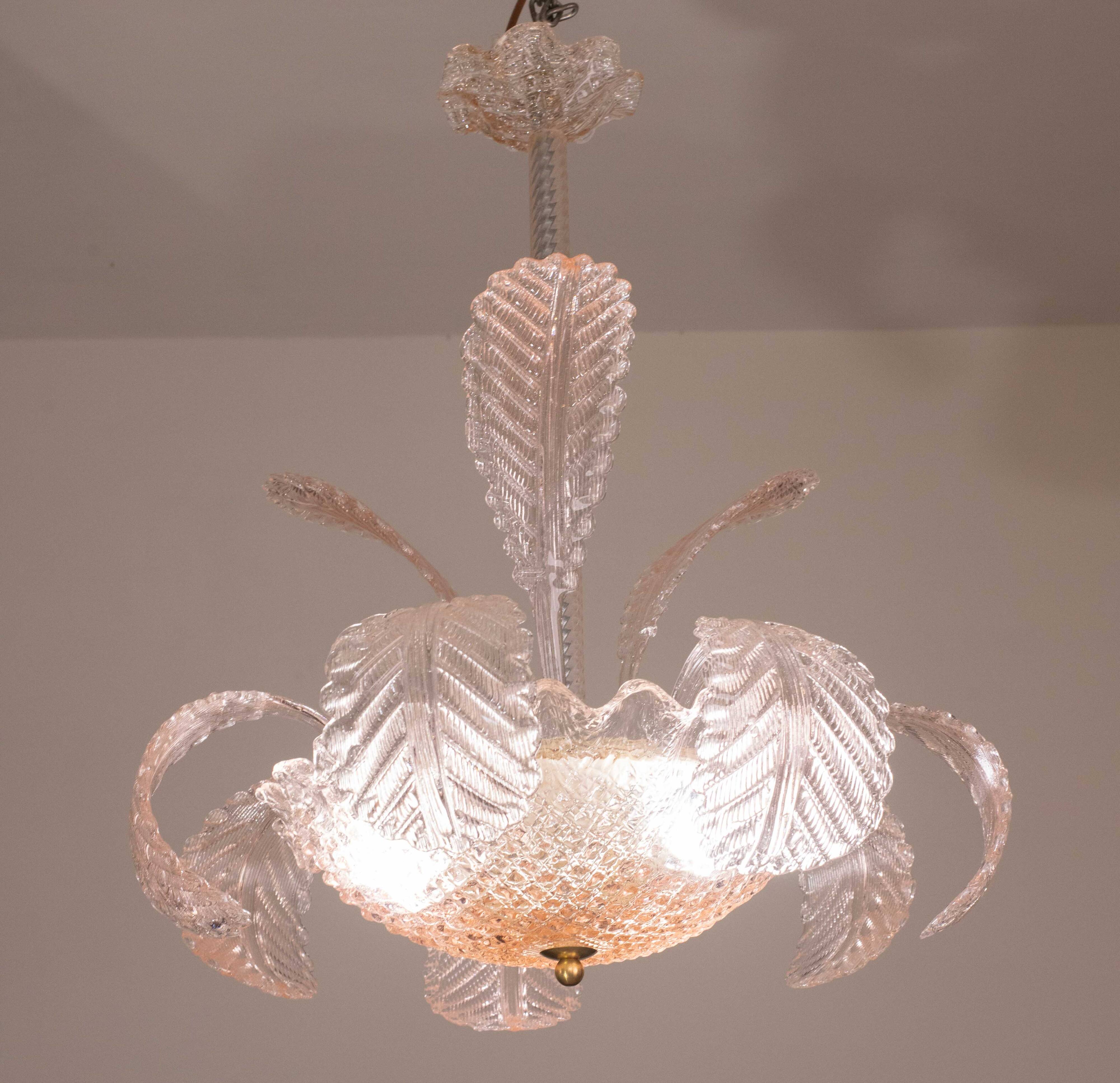 Pink Art Decò Barovier e Toso Chandelier, Murano Glass, 1950s