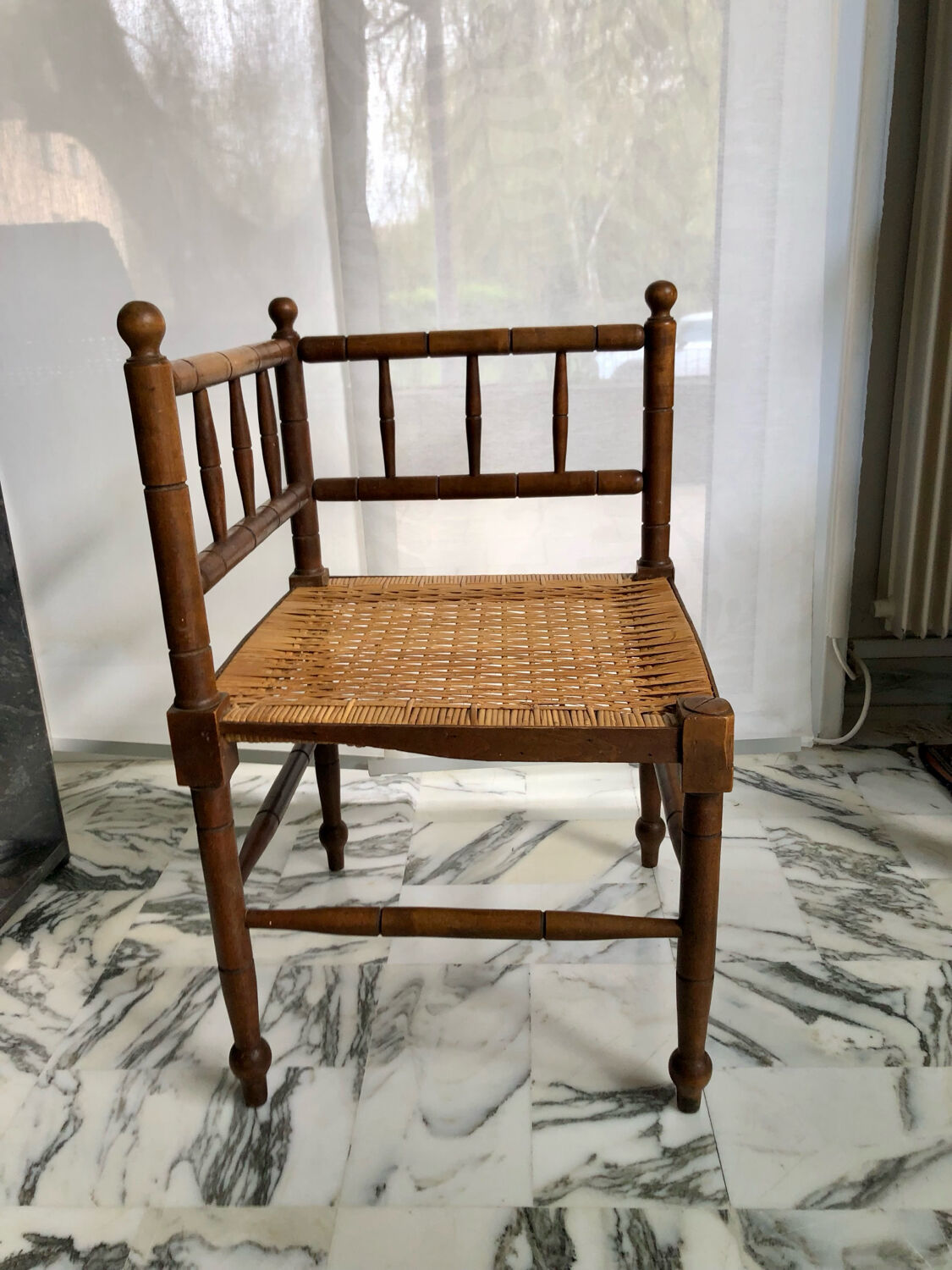 Art Deco corner chair in wood and rattan, 1930