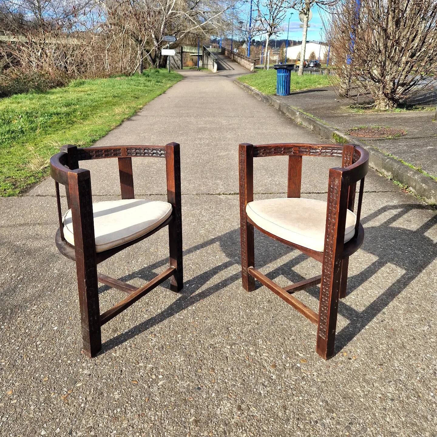 Pair of neo-Basque tripod armchairs