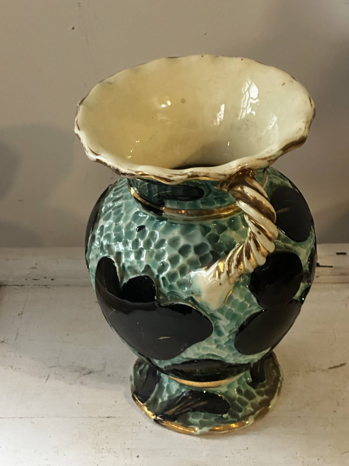 Pair of Vallauris vases in turquoise and black ceramic enhanced with o