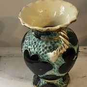 Pair of Vallauris vases in turquoise and black ceramic enhanced with o