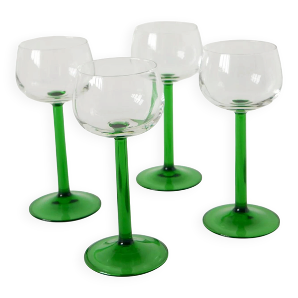 Lot de 4 verres à pieds droits, vert foncé, made in France, Luminarc, 1970