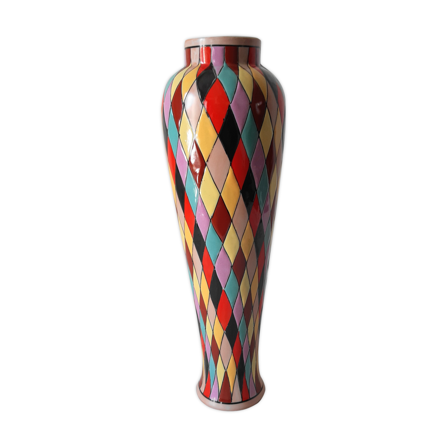 Italian ceramic vase with harlequin decor from the 50s