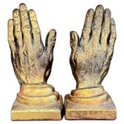 Paire de serre-livres vintage en bronze formant mains en prière dorées