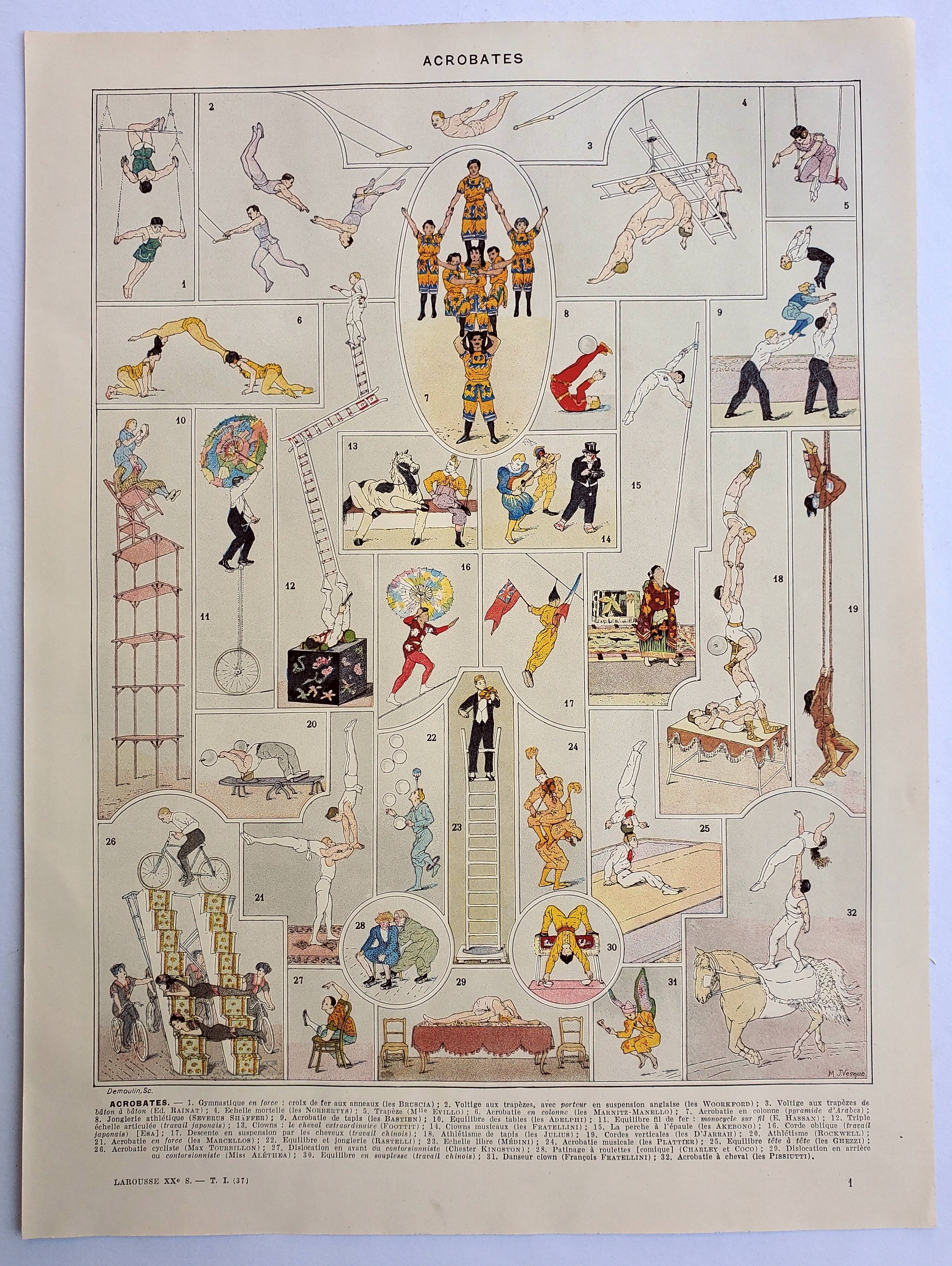Old engraving 1928, Acrobats, Circus, show, balance • Lithograph, original illustration