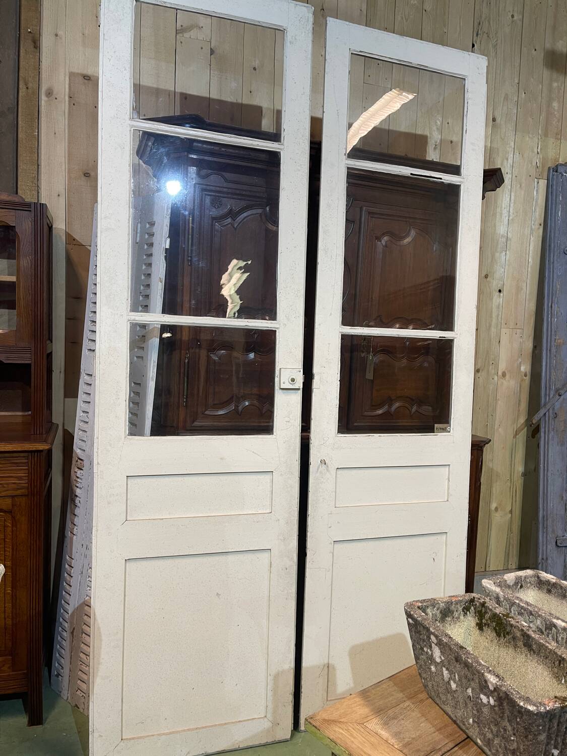 Double glazed interior door in fir from the early 20th century - 2m44 x 1m48