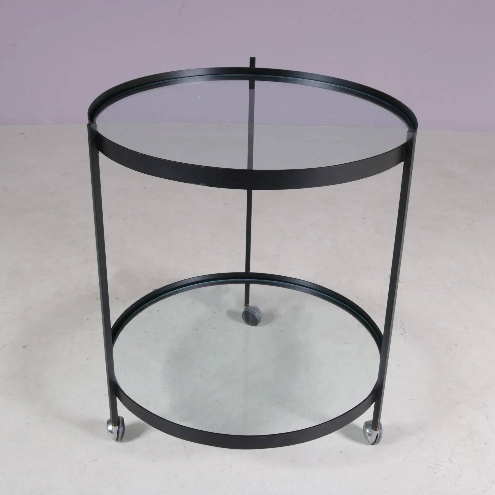 1960s round trolley black metal with two glass tops Janni van Pelt Netherlands