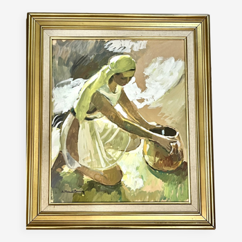 MERIEL-BUSSY, gouache Young girl with an earthenware pot signed 20th century