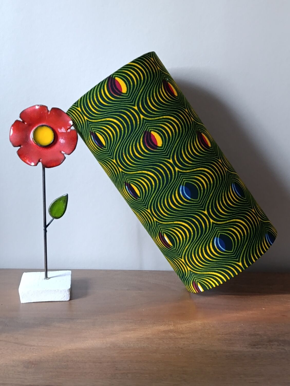 solid wood Scandinavian base lamp, hypnotic printed lampshade