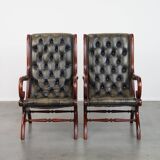 Set of 2 Green Cowhide Leather English Chesterfield Armchairs