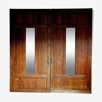 Ancienne paire de portes en chêne avec miroir