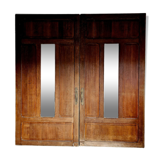 Ancienne paire de portes en chêne avec miroir