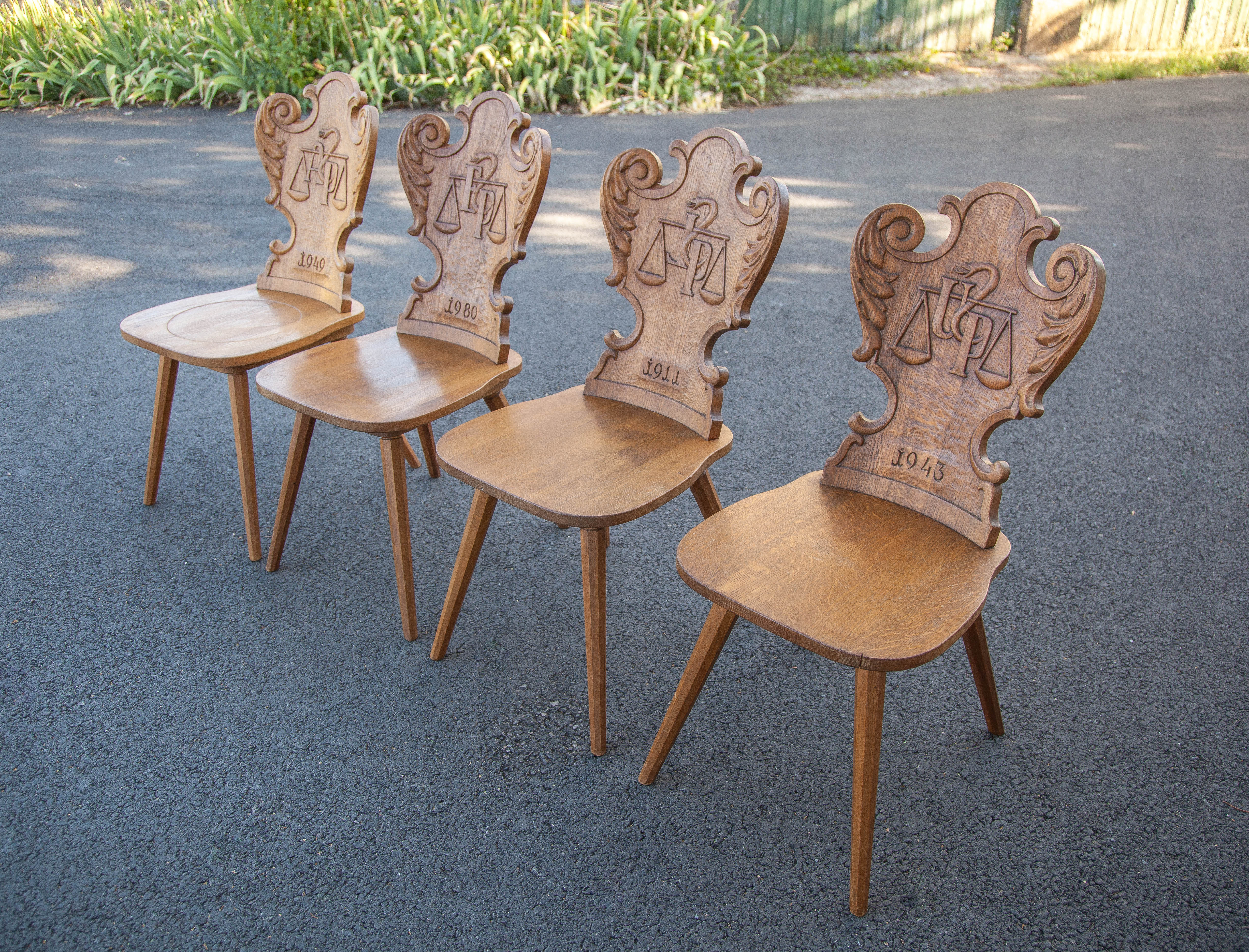 Set of 4 carved wooden stepladder chairs, pharmacy, brutalist, mountain style