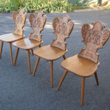 Set of 4 carved wooden stepladder chairs, pharmacy, brutalist, mountain style