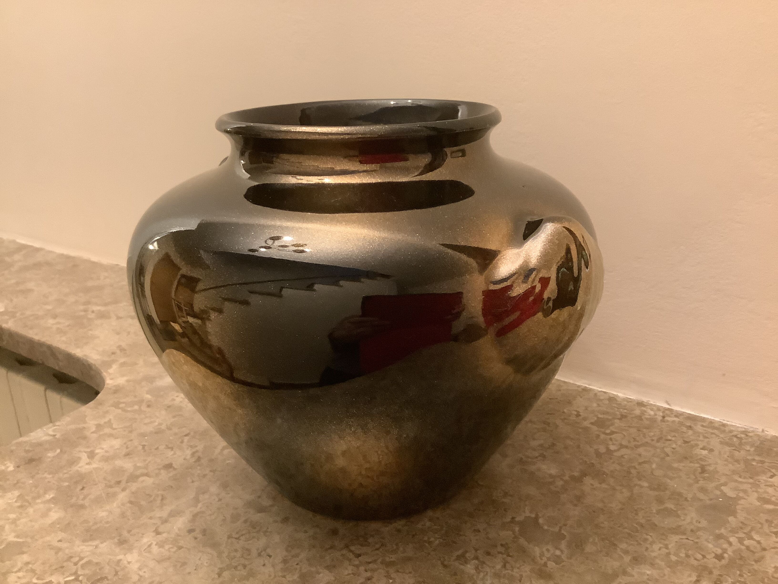 Old gilded brown iridescent vase W Germany handles scallops