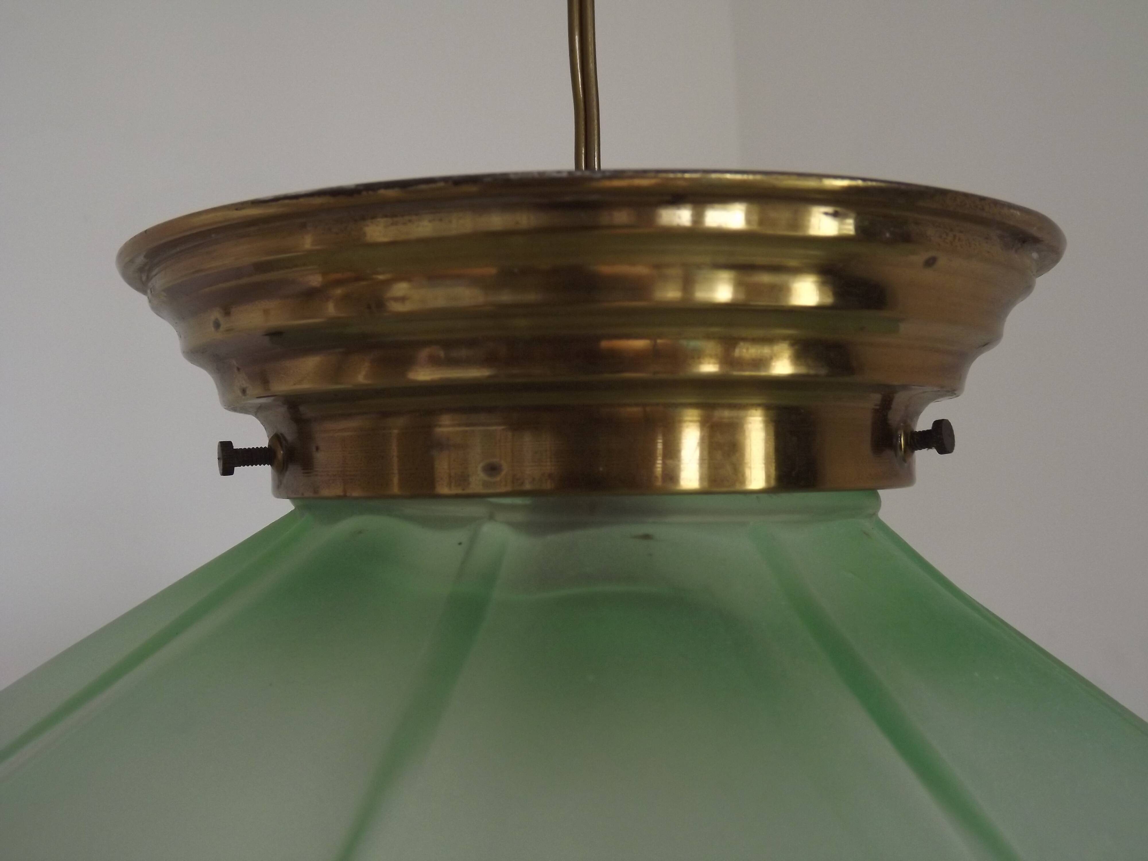 French Vintage Art Deco Glass Ceiling Light Green Frosted & Patterned Glass