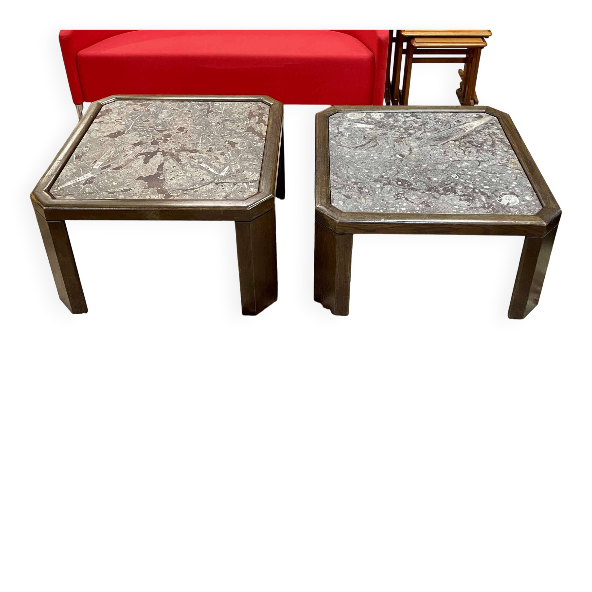 Pair of coffee tables in oak and fossil stone