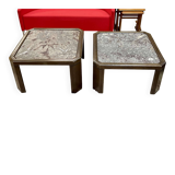 Pair of coffee tables in oak and fossil stone