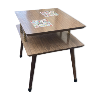 Two-level midcentury table in wood and ceramic