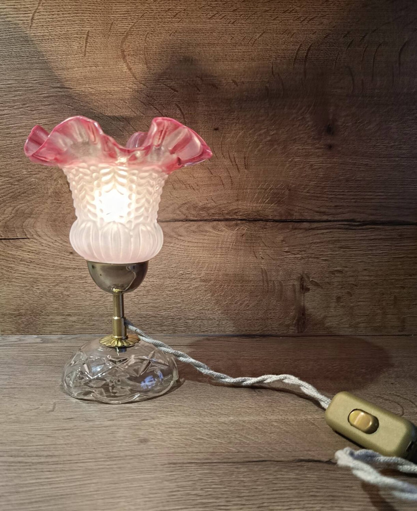 Upcycled vintage pink tulip glass table lamp