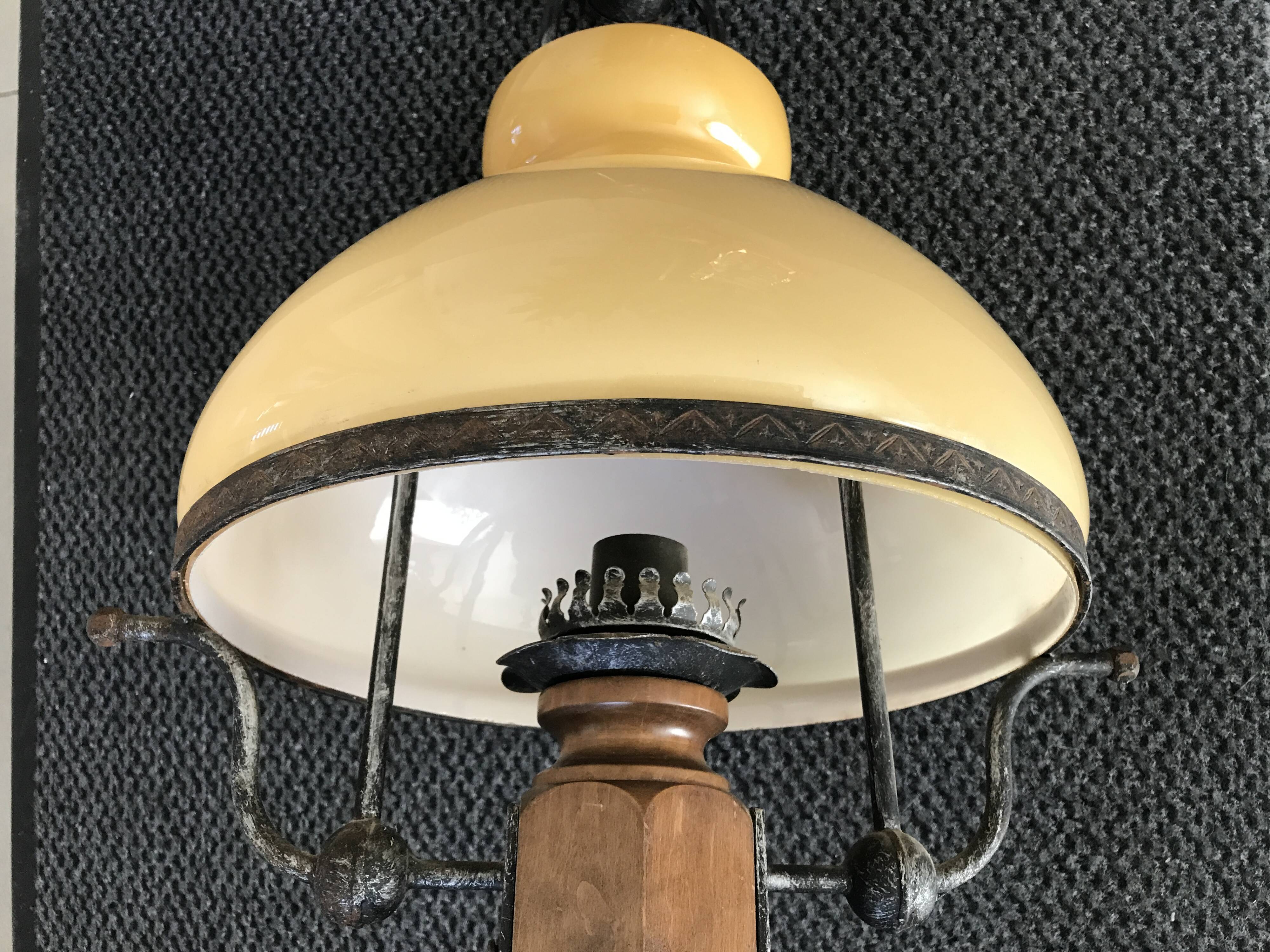 Suspension vintage wood and iron chandelier with yellow opaline lampshade