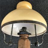 Suspension vintage wood and iron chandelier with yellow opaline lampshade