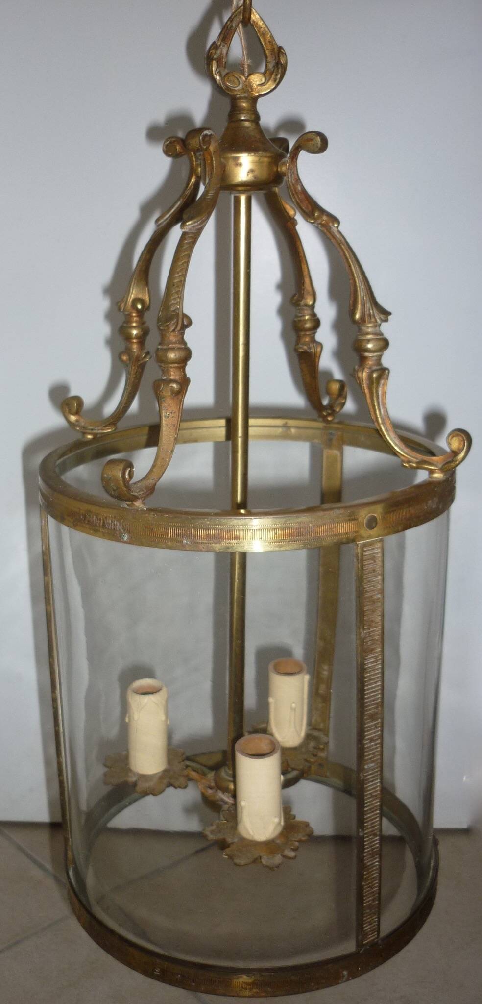 Antique glass and brass lantern pendant light, 3 lights
