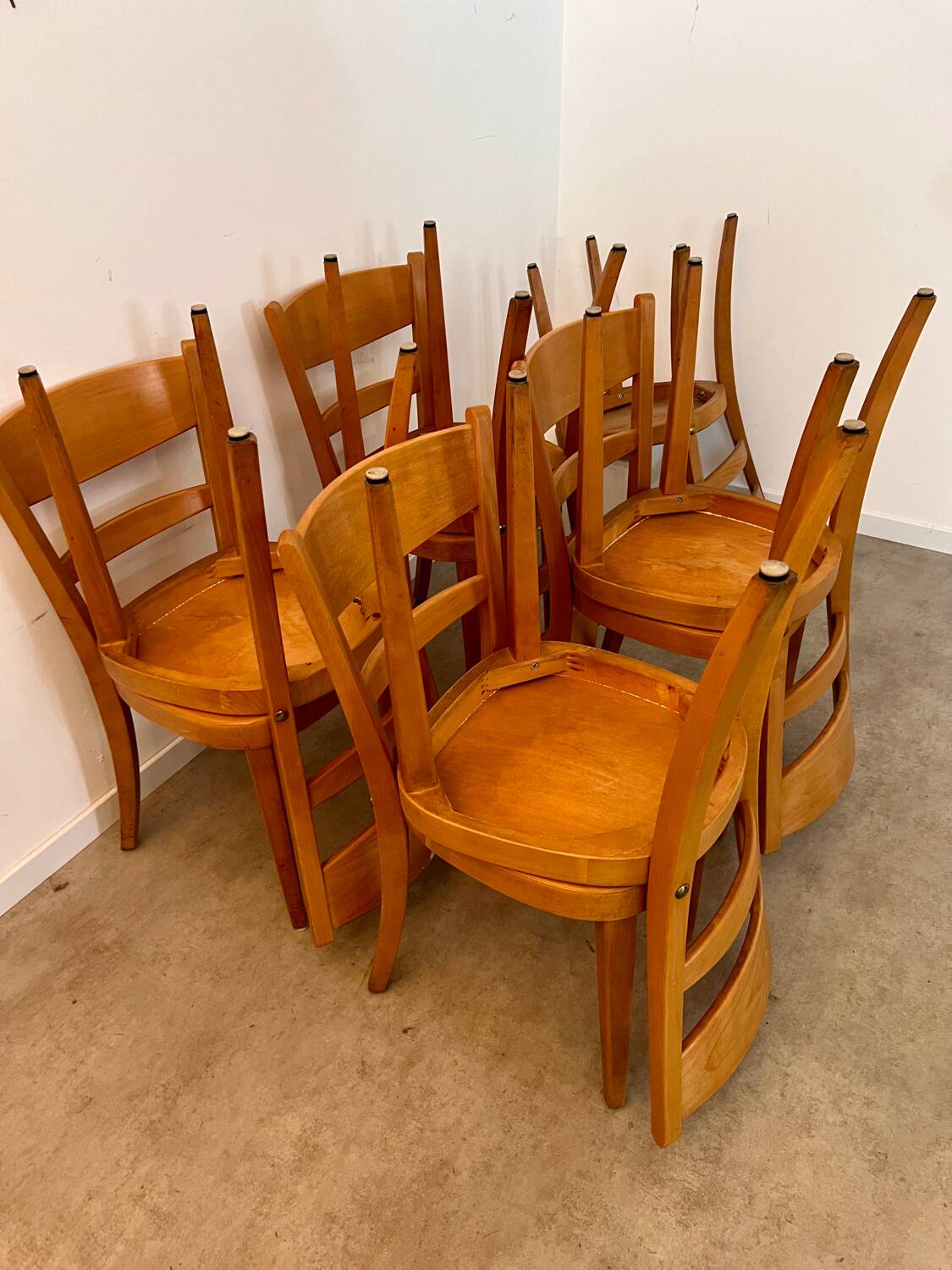 Set of 9 vintage wooden bistro chairs designed by Horgen Glarus