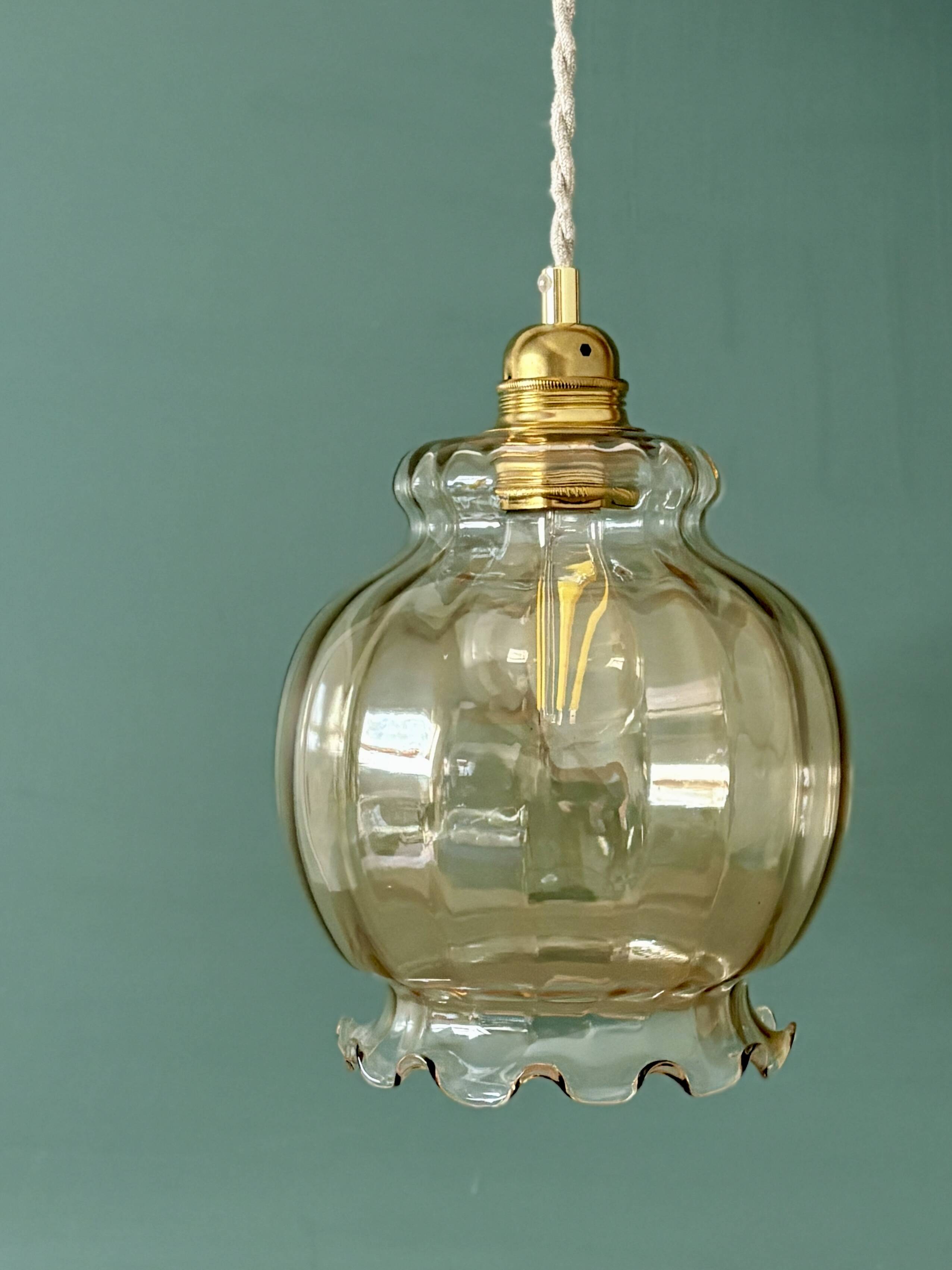 XL vintage globe pendant light in amber glass