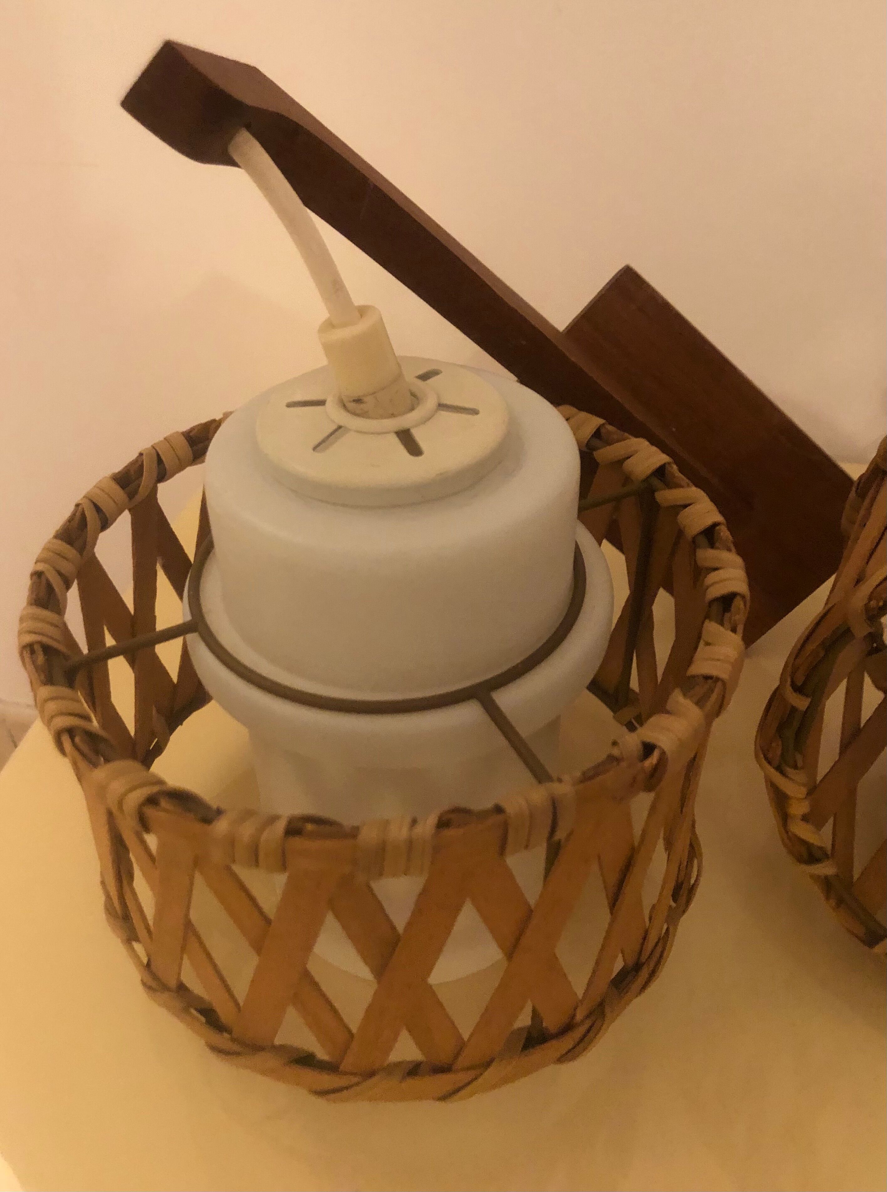 Pair came in wicker rattan and opalescent glass.