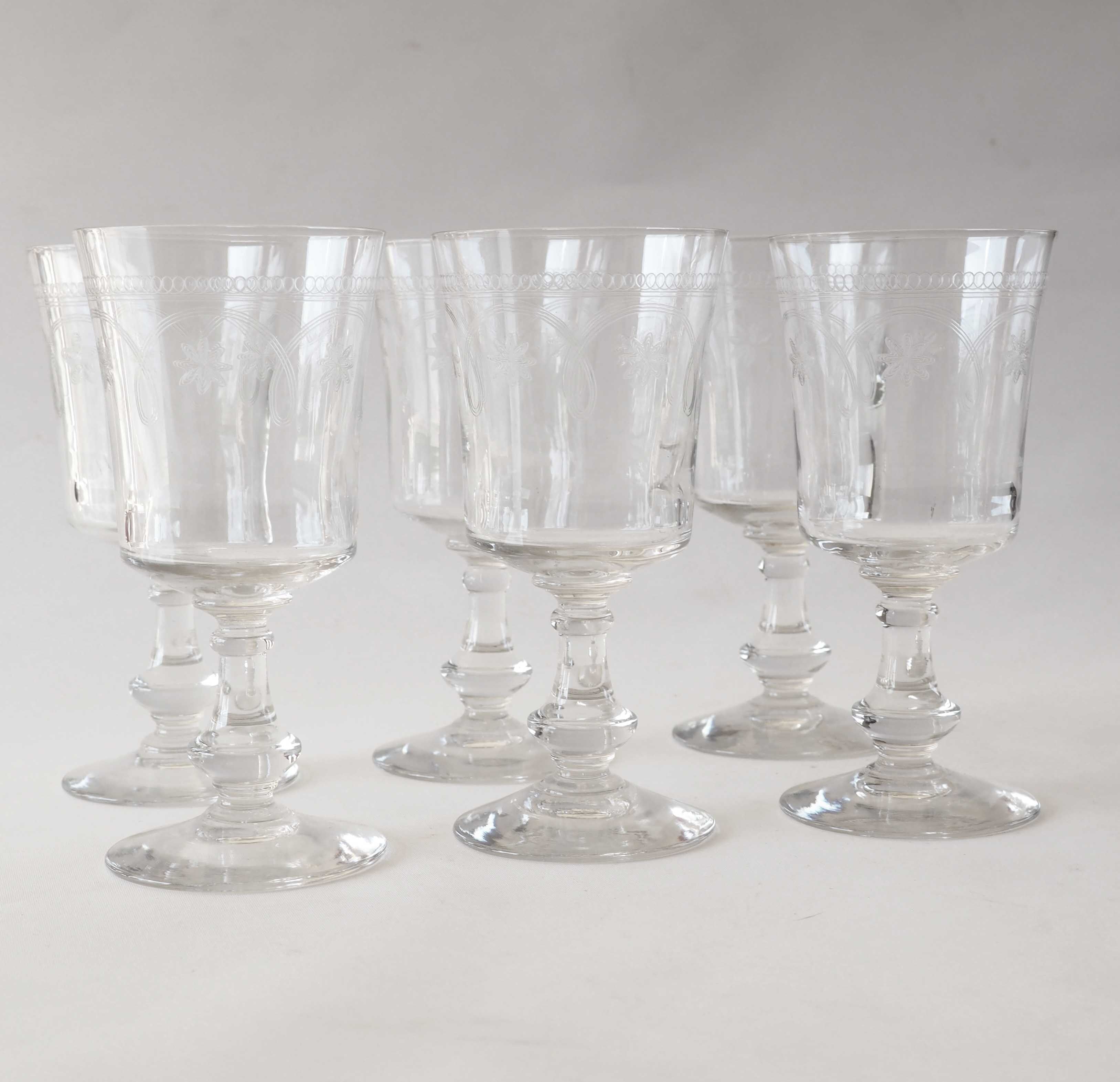 6 engraved antique wine glasses