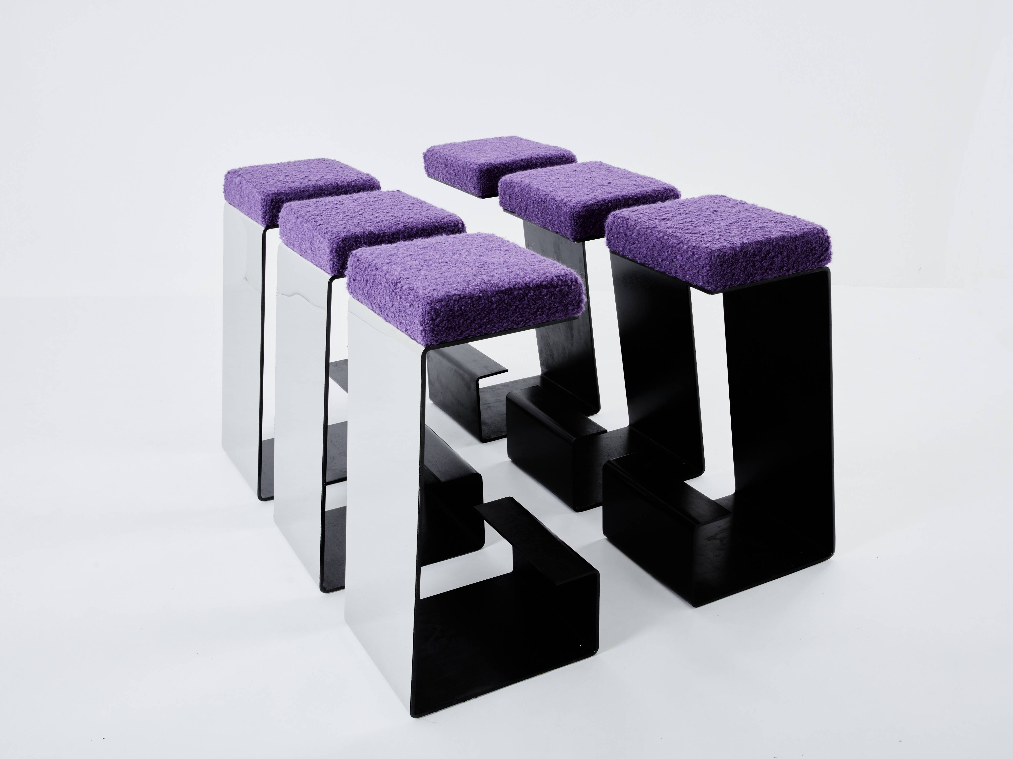 Set of 6 wrought iron bar stools polished steel curly wool 1970