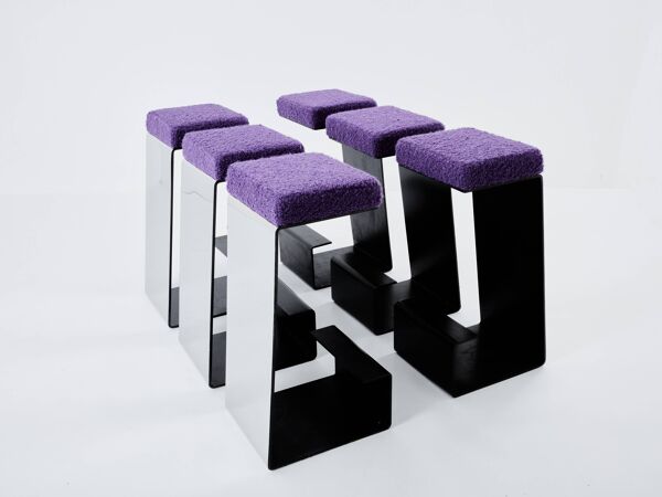 Set de 6 tabourets de bar fer forgé acier poli laine bouclé 1970