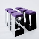 Set of 6 wrought iron bar stools polished steel curly wool 1970