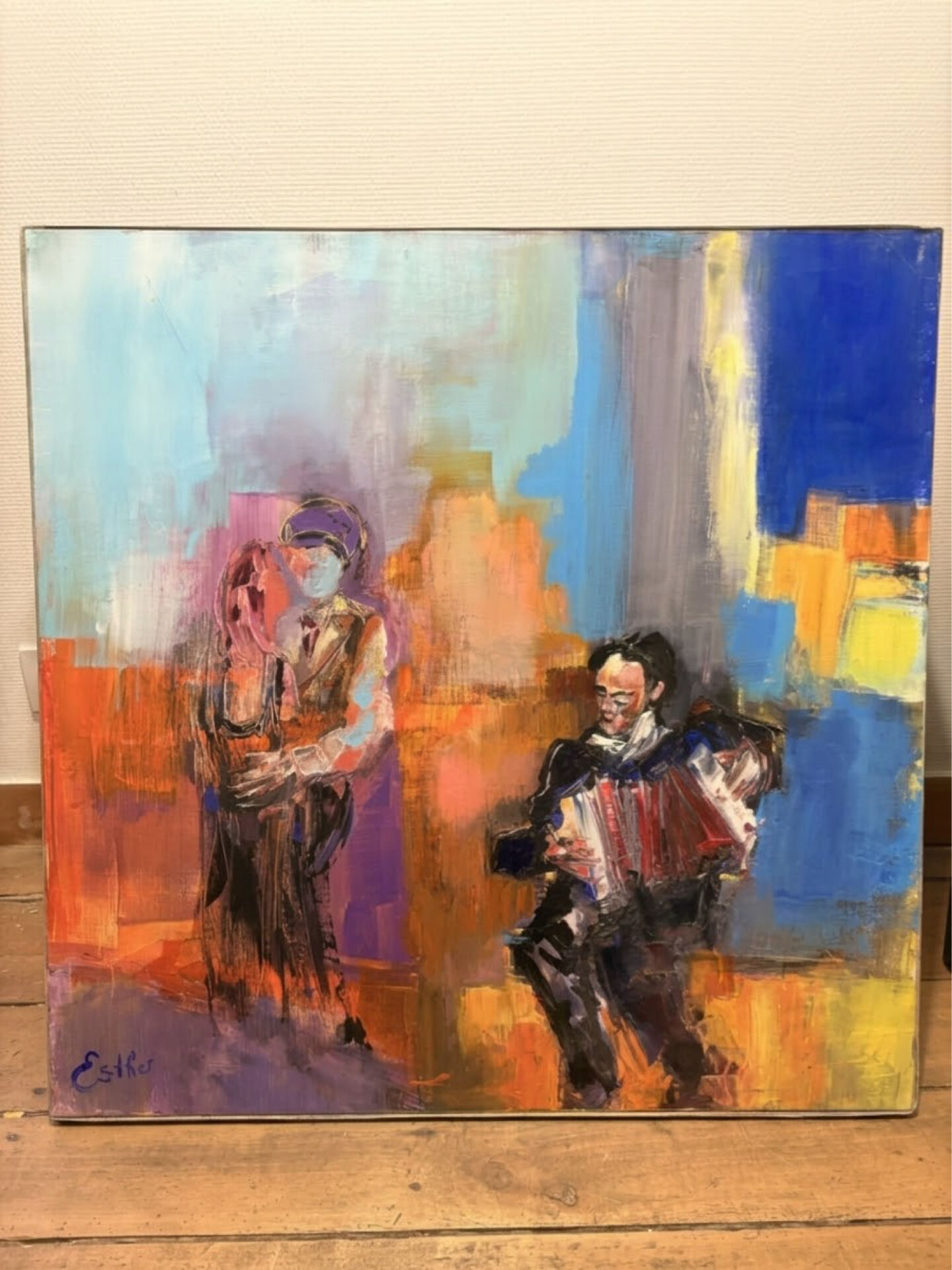 Oil Painting Canvas Deloison Musician Accordion Couple Dancing