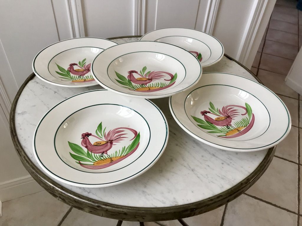 Lot of 5 hollow plates digoin sarreguemines model "rooster" years 40-50