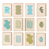 Collection of 12 framed paintings on paper, cool colours.