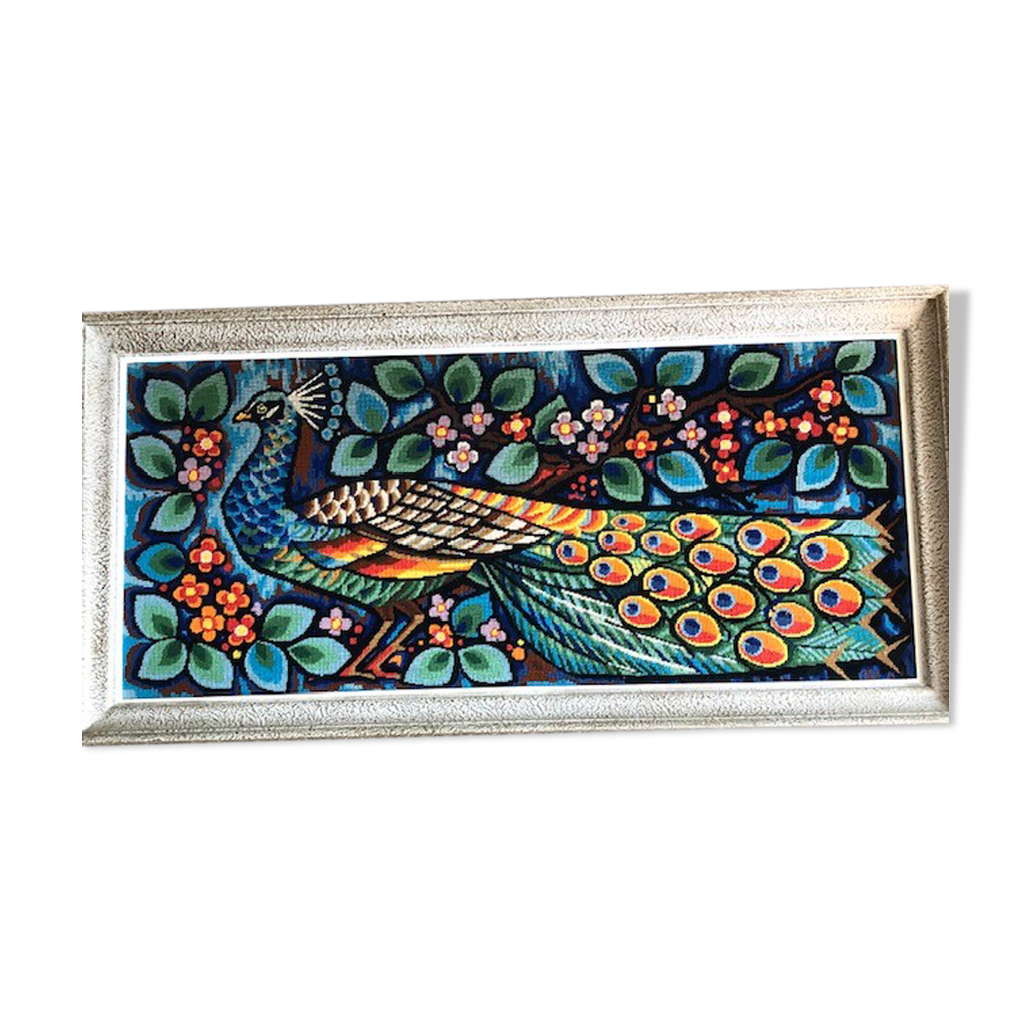 Vintage wall tapestry 1970 very colorful peacock