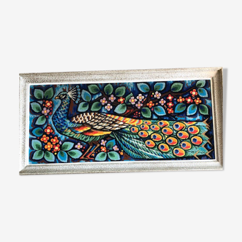 Tapisserie murale vintage 1970 tres coloree paon