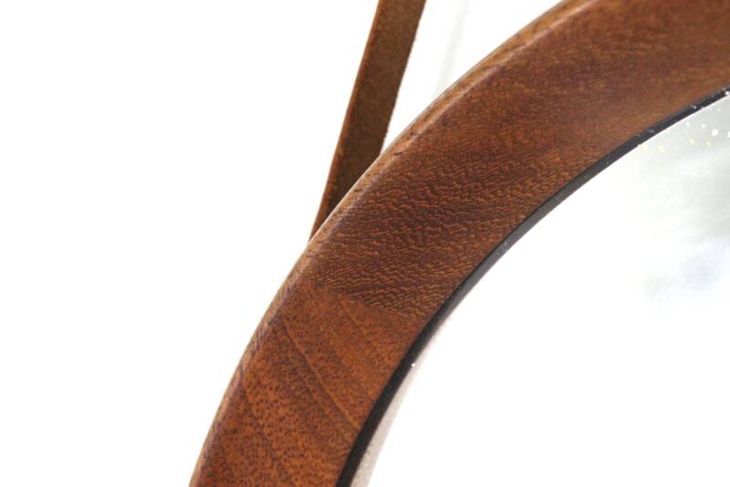 Round teak danish mirror with leather strap